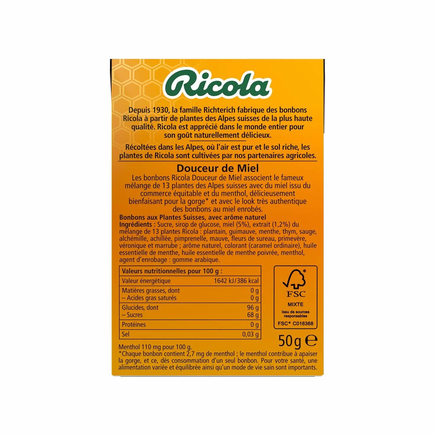 Ricola Bonbons aux Plantes Suisses Miel et Plantes Sans Sucres 20 Boîtes 50g