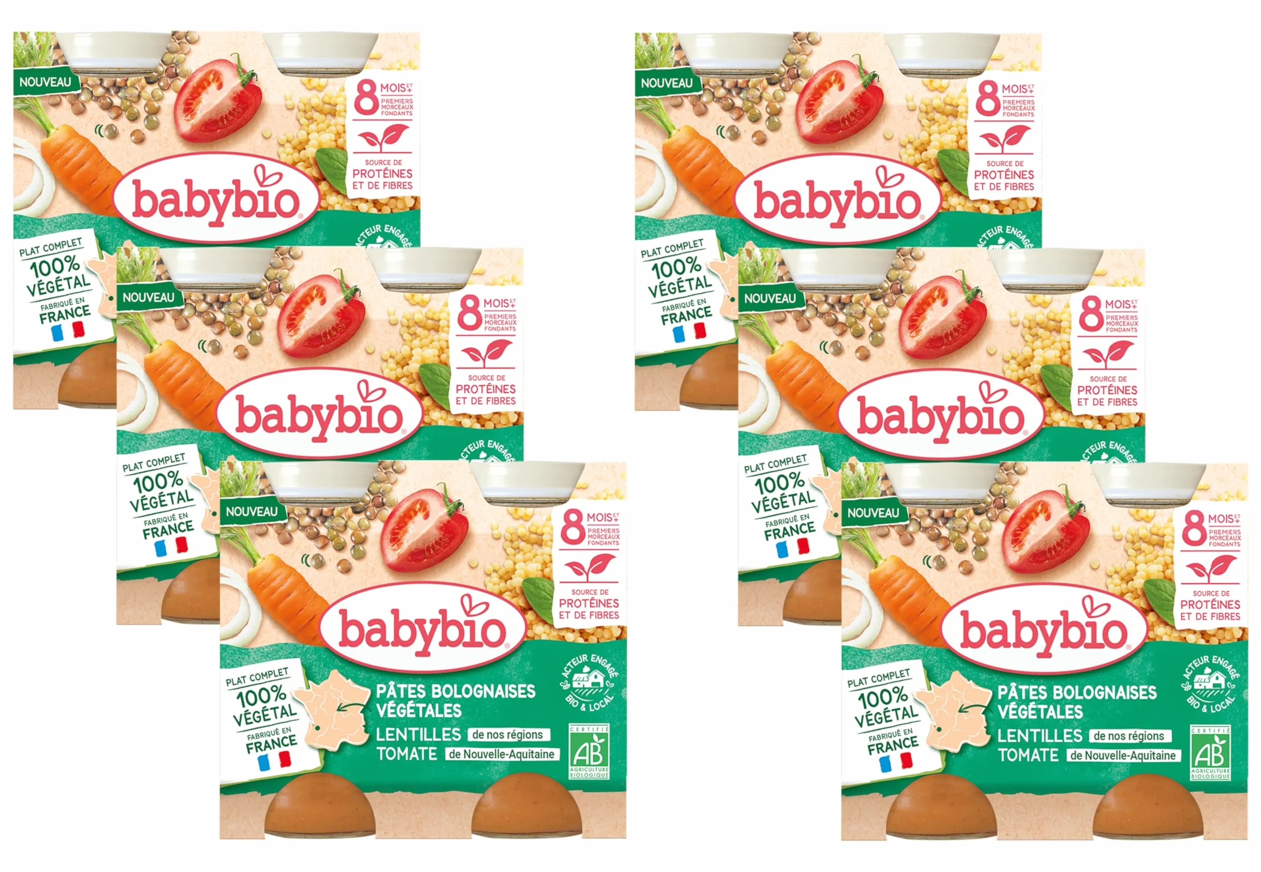 BABYBIO - Petits pots - Pâtes bolognaises végétales - Carottes Lentilles Tomates - 8+ mois - 2 x 200g - BIO - Lot de 6