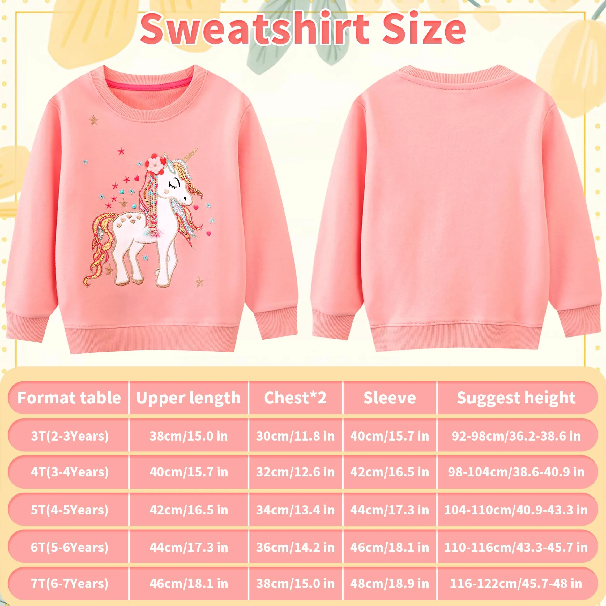 Sweatshirt Enfant Fille Cheval Licorne Arc-en-Ciel Col Rond Coton Gris Rose Manches Longues Casual Tops 2-7 Ans