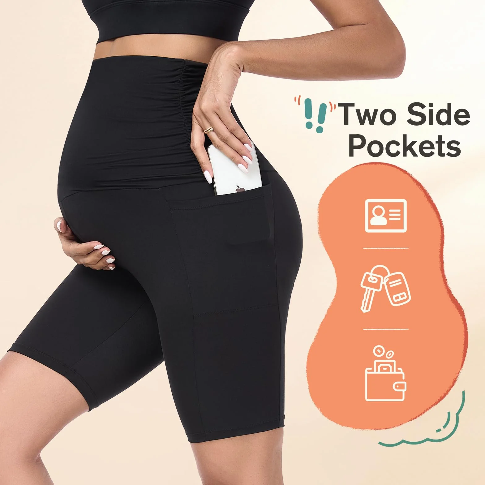 Short de maternité sur le ventre avec poches pour femme - Legging de grossesse actif extensible