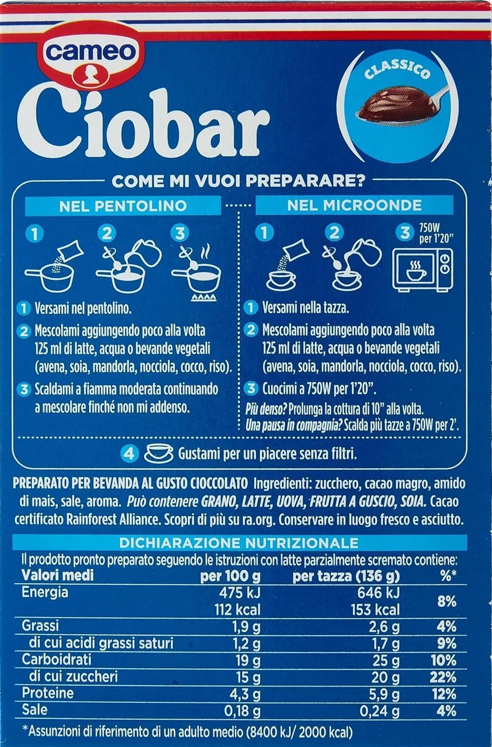 Italian Gourmet Ciobar Classico Chocolat Cameo – Chocolat Chaud Épais & Crémeux, Préparation en Poudre pour Boisson Cacao, Lot de 6 x 125 g (750 g) + Italian Gourmet Polpa
