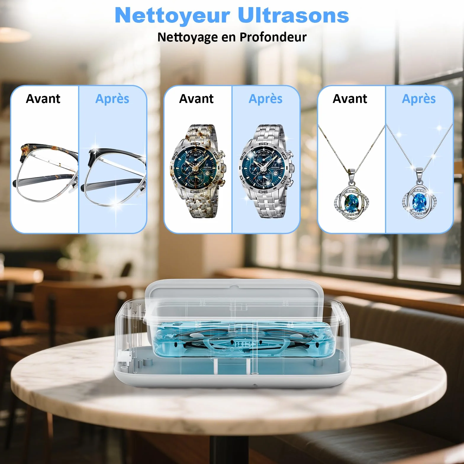Nettoyeur Ultrasons 640 ml 49000HZ Bac à Ultrason Portable pour Lunettes, Bagues