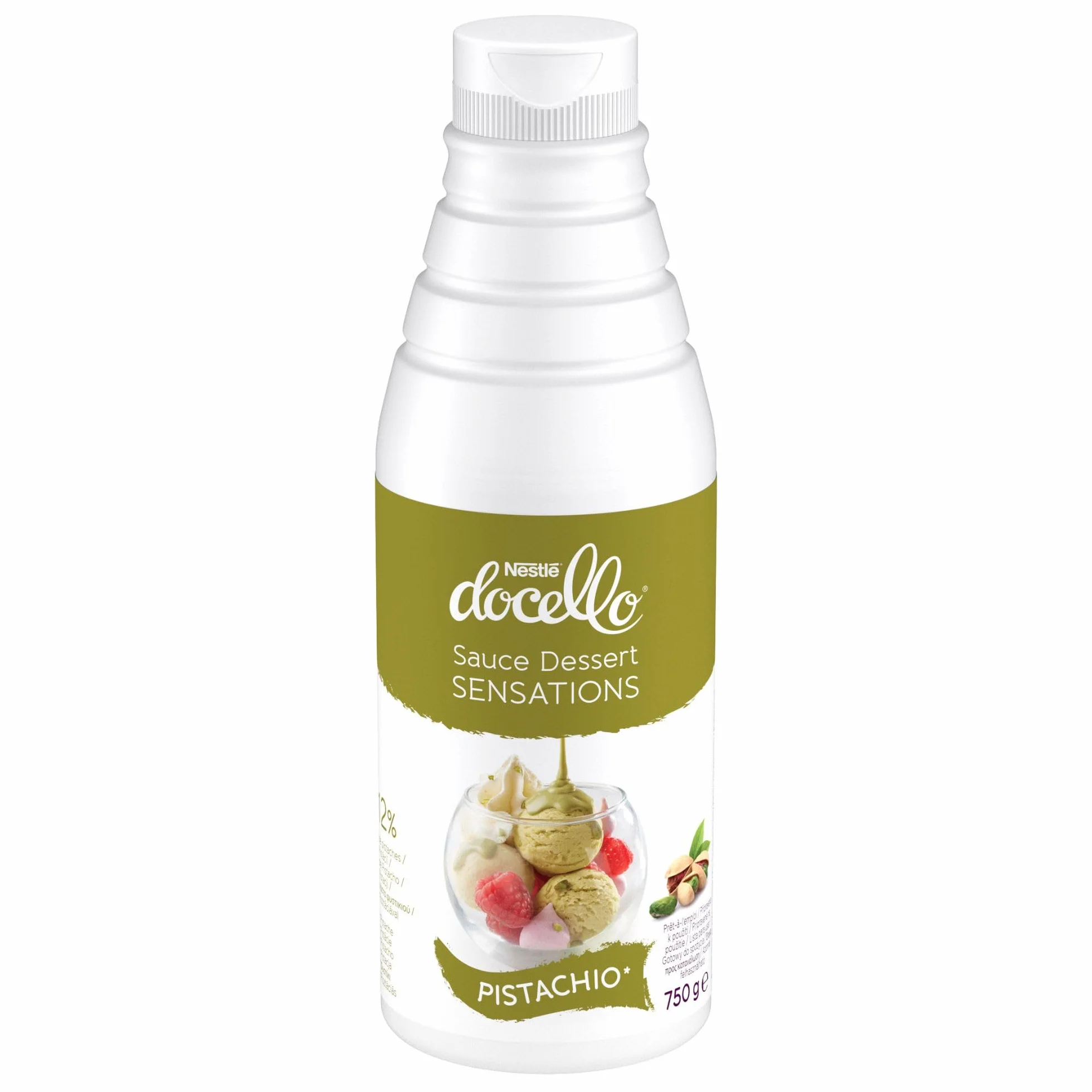 NESTLE DOCELLO Sauce Sensation Pistachio - Sauce Dessert Pistache - Forte Teneur en Pistache (12%) - Aide à la Pâtisserie, Topping, Nappage Gâteau, Coulis - Bouteille Squeeze - 750g