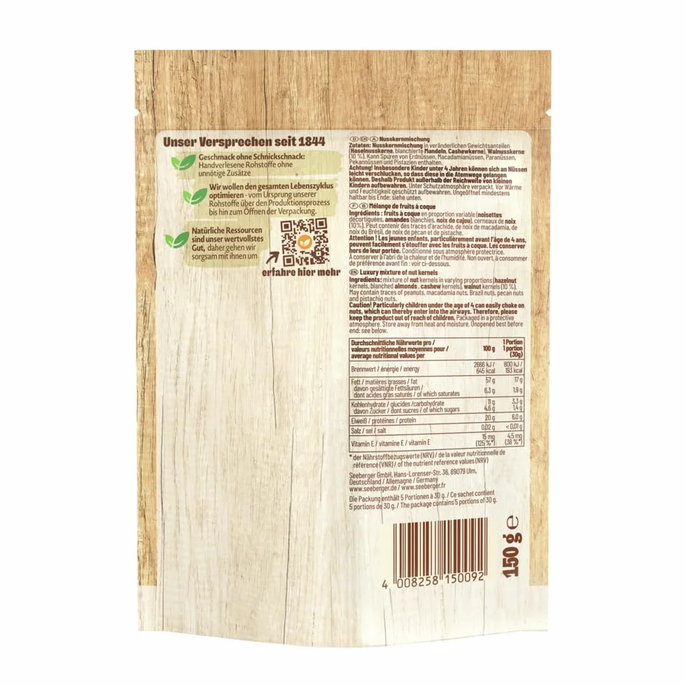 Seeberger Mélange de noix : Mix pur de noix composé de noisettes décortiquées croquantes, amandes, noix et noix de cajou - arôme de noix intense - non grillé, sans gluten (1 x 150 g)