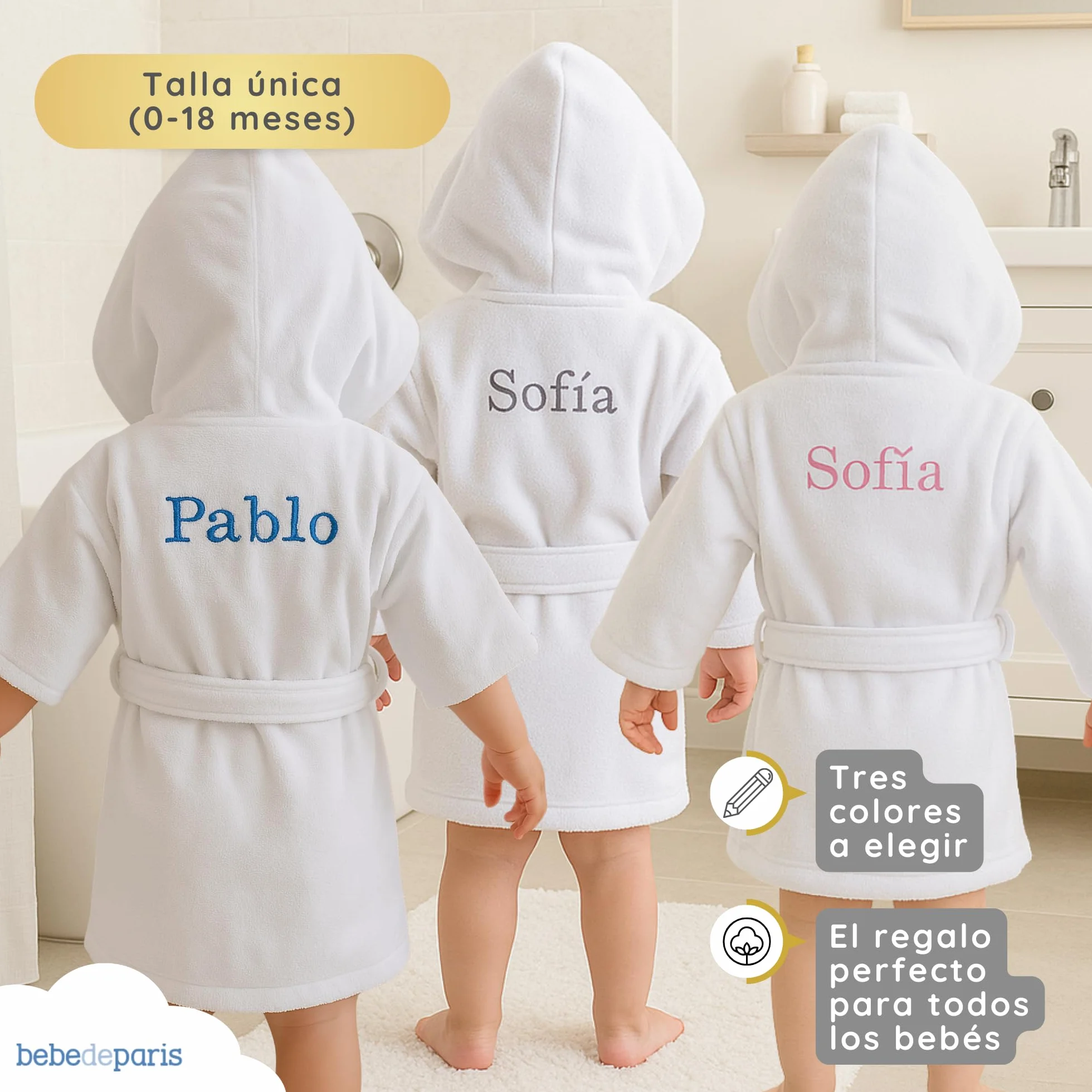Peignoir de Bain Personnalisé Bébé 100% Coton avec Capuche et Ceinture
