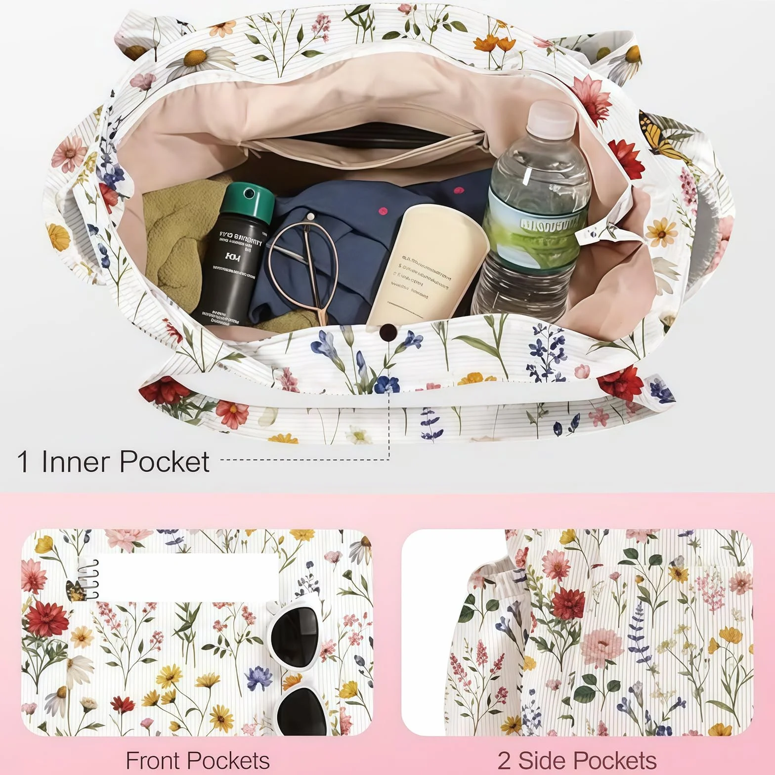 Grande Sac Shopping en Côtelé pour Femmes, Sac à Épaule en Toile Réutilisable avec Fermeture Éclair et Poches Multiples