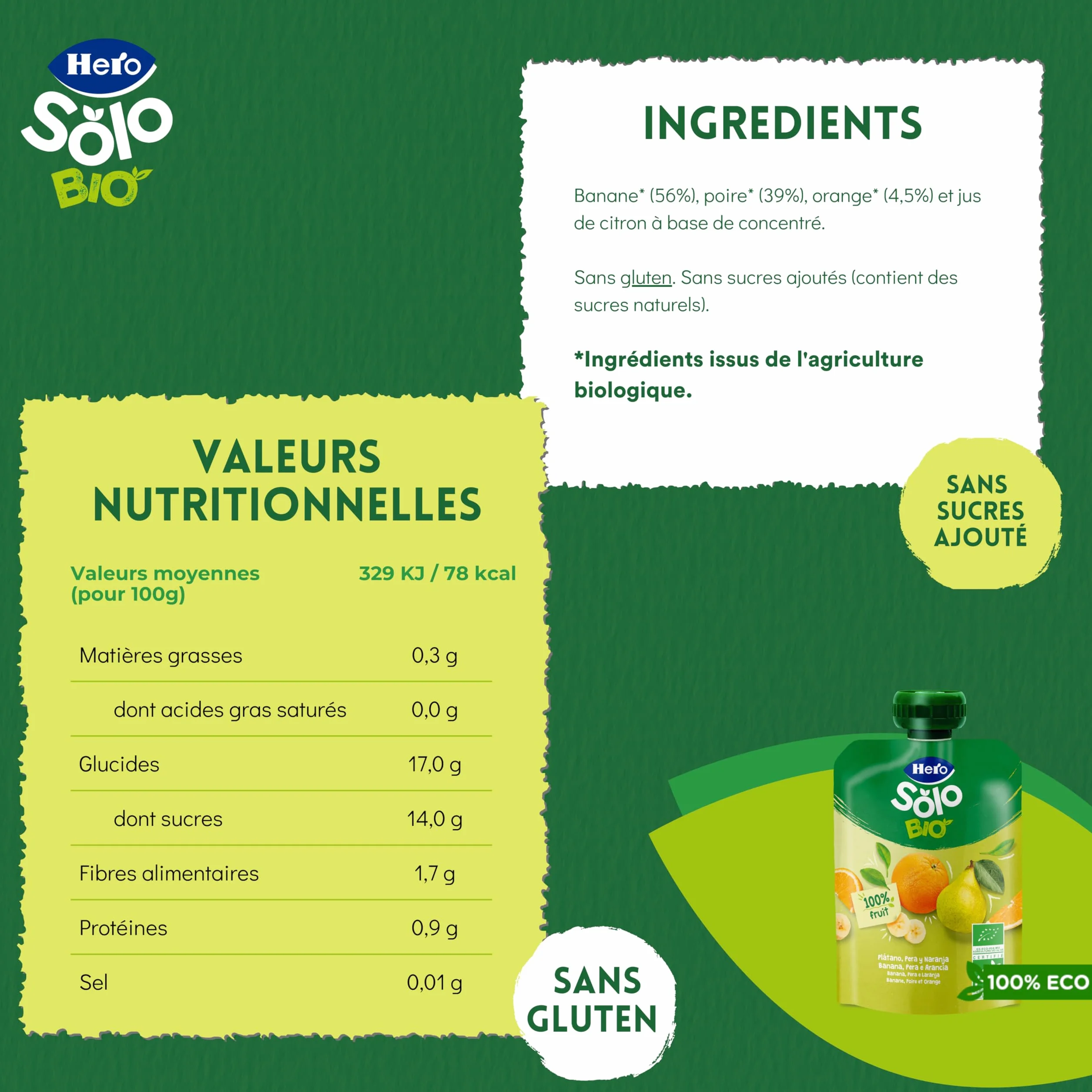 Hero Solo - Gourde Bio De Banane, Poire et Orange – Puree de Fruits BIO 100% Naturels, Compote Sans Sucre Ajouté, Sans Gluten - pour Bébés Dès 4 Mois - Lot de 18 X 100 g