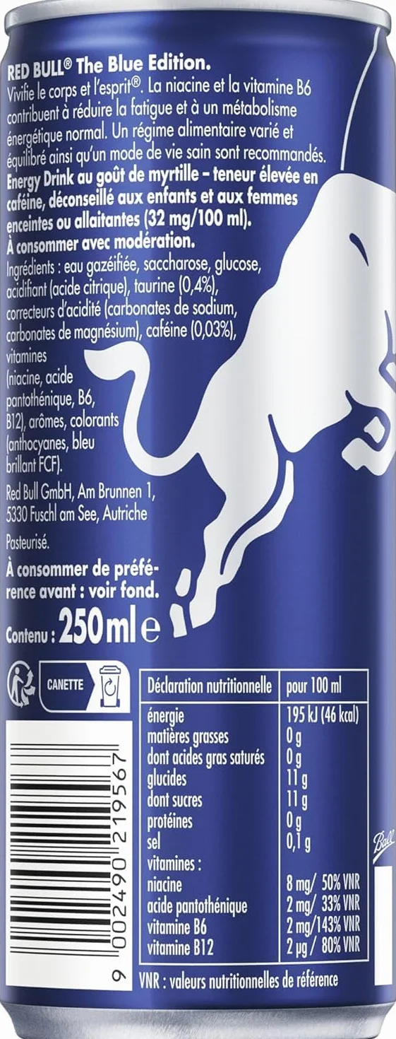 Red Bull, Boisson énergisante, Goût Myrtille 4x250ml (6 packs de 4x250ml - 24 canettes)