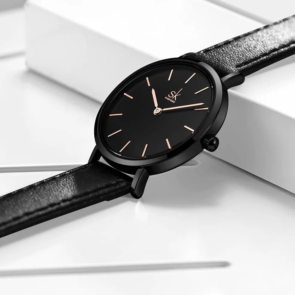 SK Montre Femme Ultra Fine Minimaliste Cuir Deux Aiguilles