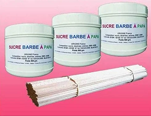 Lot de 3 pots de Sucre barbe à papa Fraise 500g + 100 Bâtons