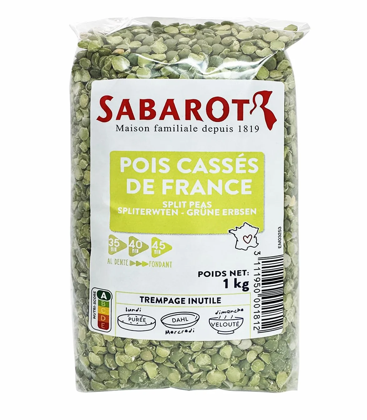 Pois cassés verts de France - Sachet 1kg - Sabarot