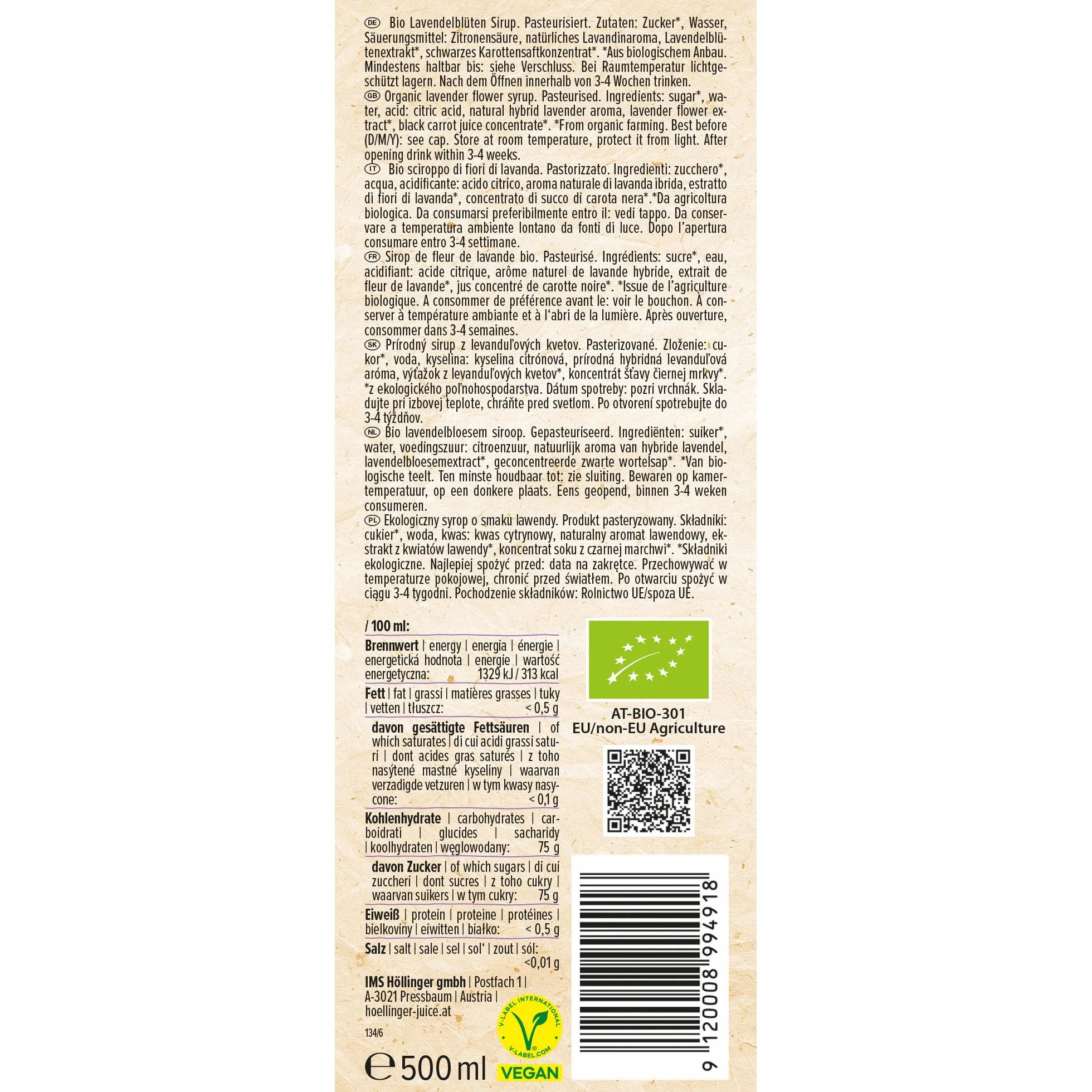 Höllinger biologique Sirop de fleurs de lavande - végétalien, bouteille en verre de 3x500 ml - détend tout au long de la journée