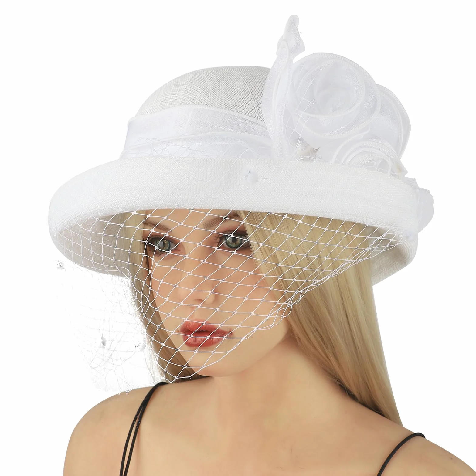 Chapeau Cloche Femme Vintage avec Voilette et Fleurs Années 20 Capeline Rétro été Mariage