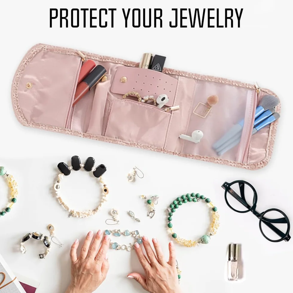 Pochette Rouleau à Bijoux de Voyage en Cuir, Sac Organisateur de Bijoux Rose