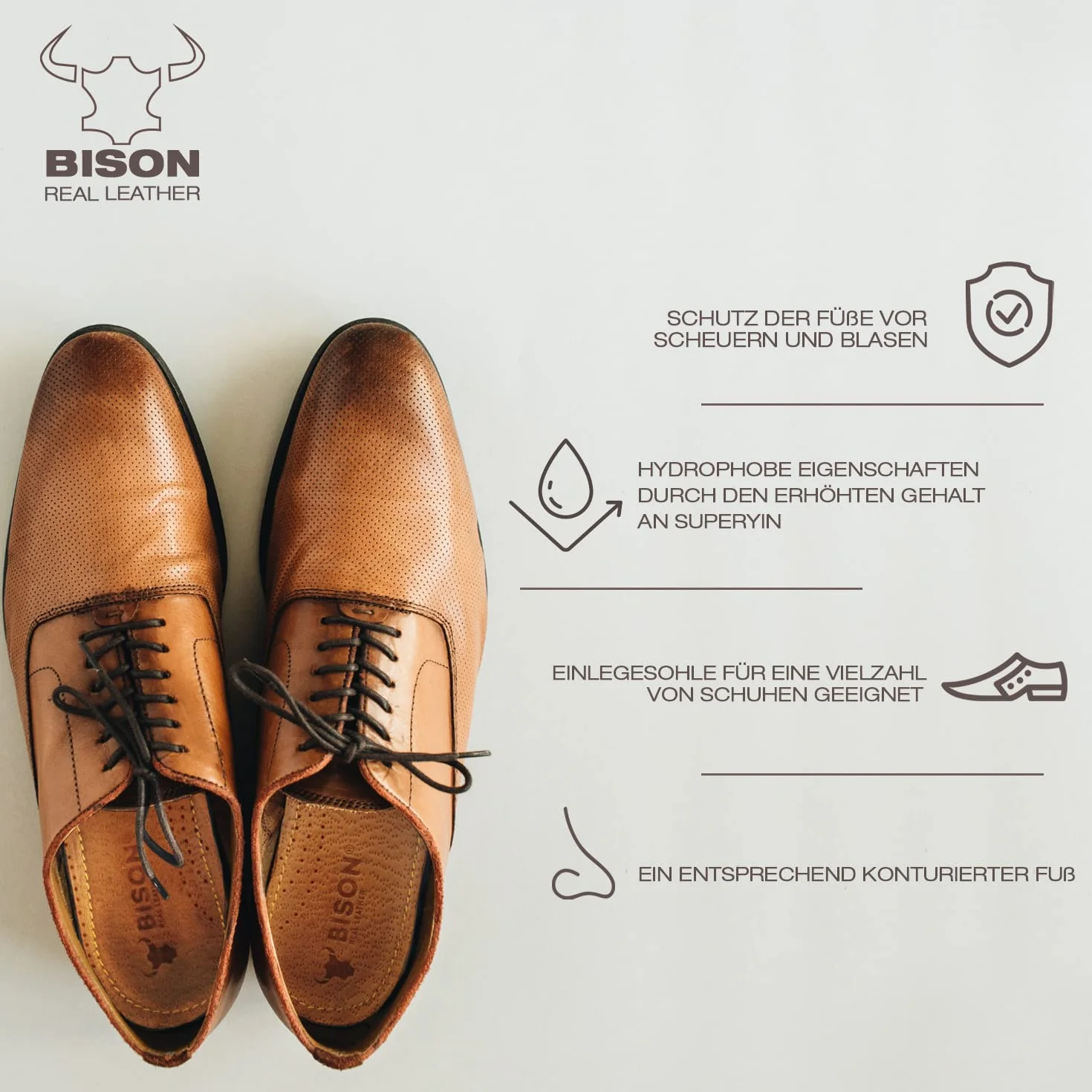 BISON Semelles Chaussures Confort 3 Paires - Semelle Cuir avec Liège - Anti Odeur et Transpiration Homme Femme (41/42, Beige)