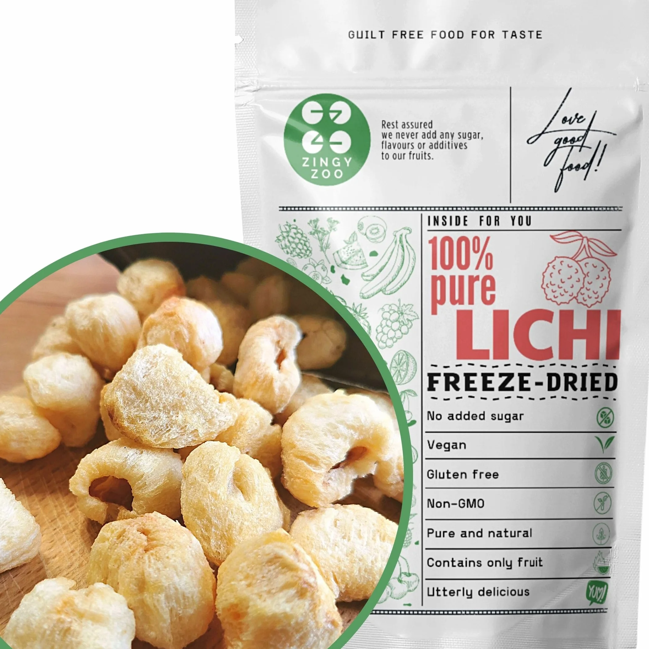 Litchi Entier Lyophilisé | 100% Naturel Litchi Séché Freeze Dried Fruit | Fruits Secs Purs | Sans Sucre Ajouté Litchi Lyophilisé | Gefriergetrocknete Lychee | ZingyZoo