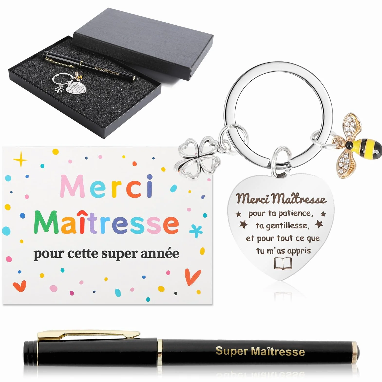 Echehi Cadeau Maitresse d'École Fin d'Année avec Porte-Clés Stylo Carte Merci