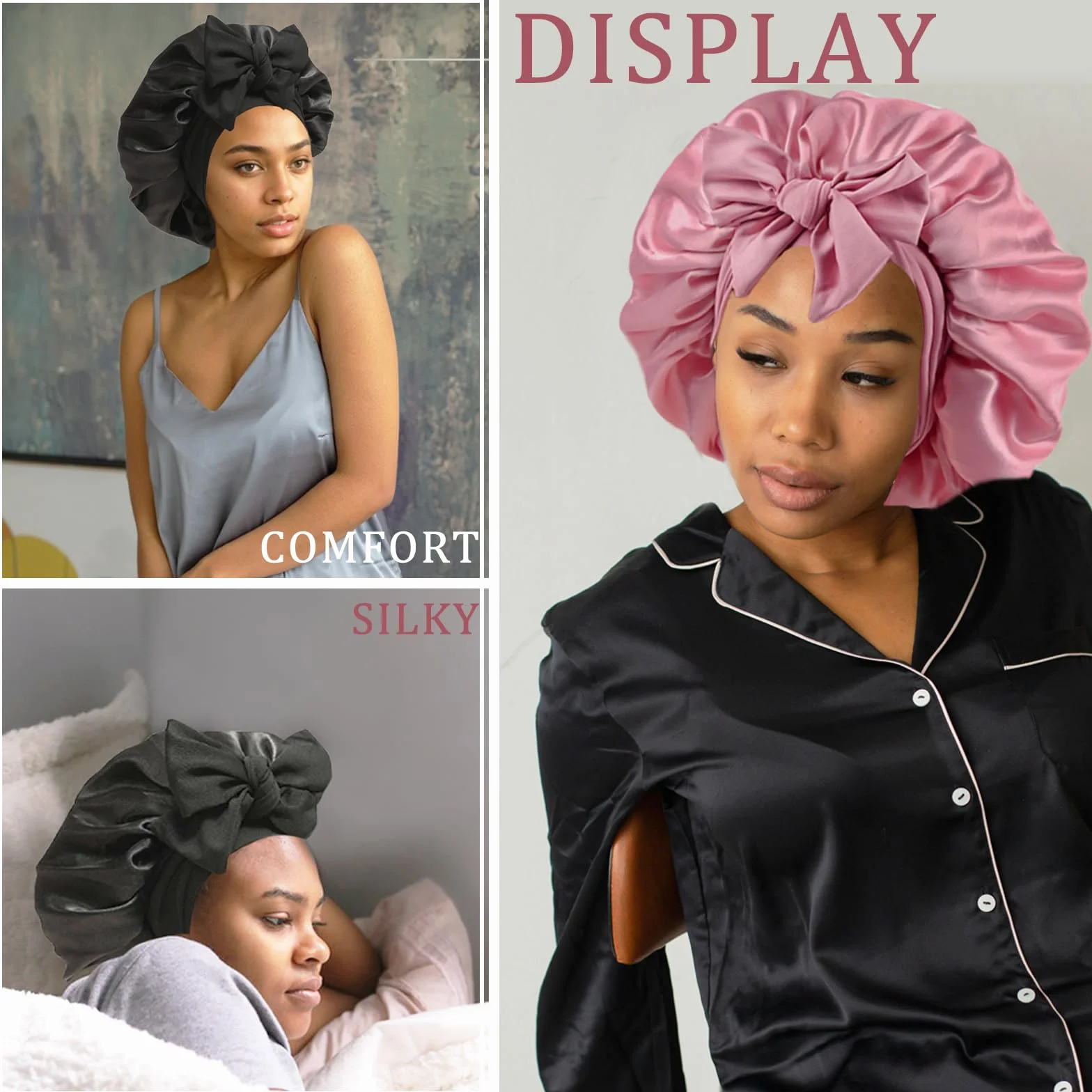 Bonnet en soie pour dormir avec chouchou - Bonnet de sommeil en satin de soie pour femme Rose M