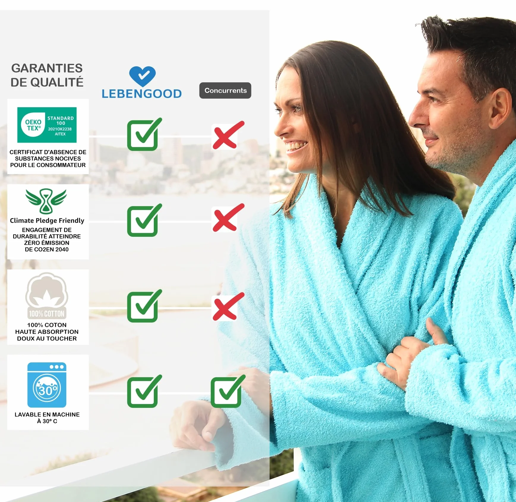 LEBENGOOD Peignoir unisexe 100% coton éponge américain 400 g avec ceinture et poches