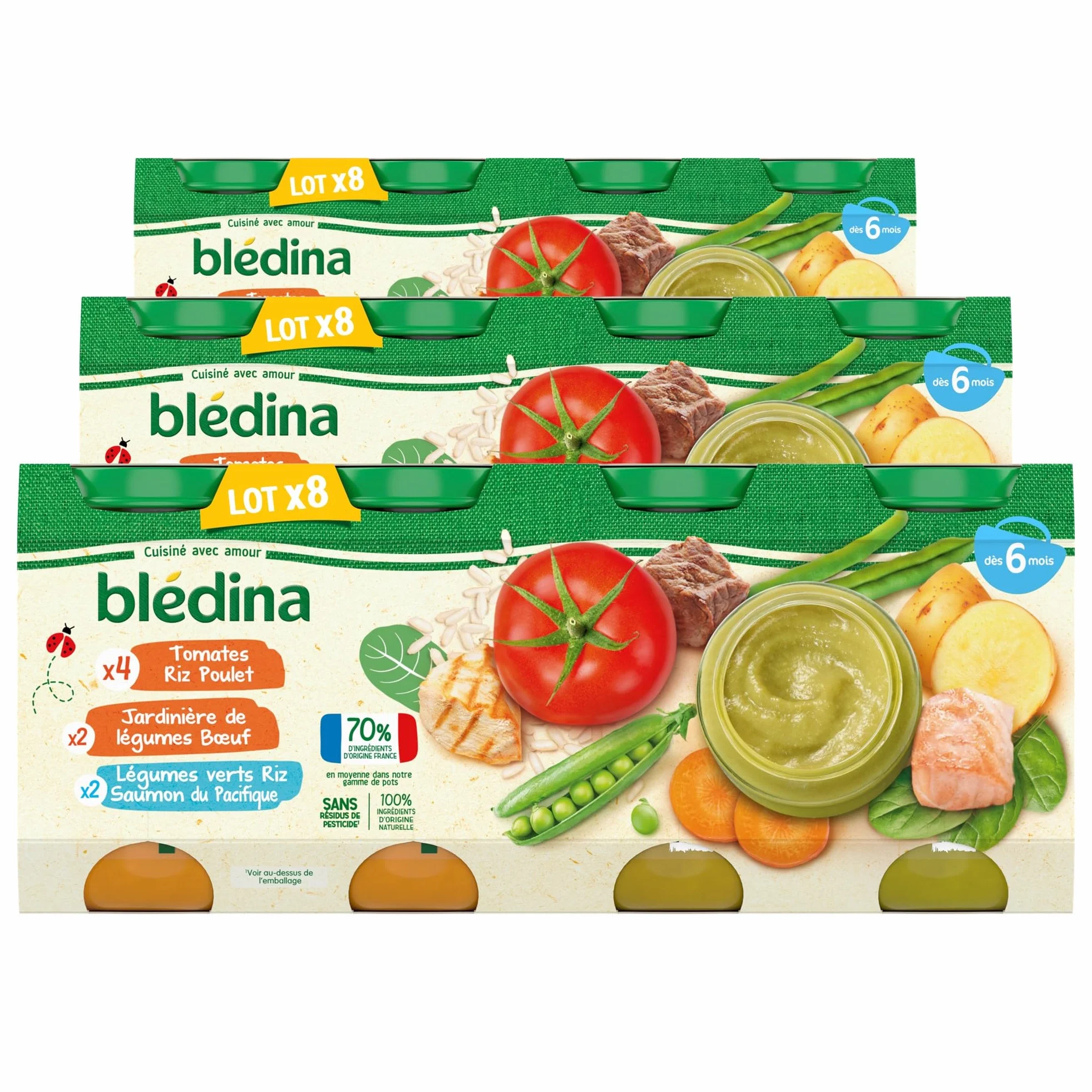 Blédina Petits Pots pour bébé, Dès 6 Mois, Tomates Riz Poulet / Légumes Bœuf / Légumes Riz Saumon, 200 g (Lot de 24)