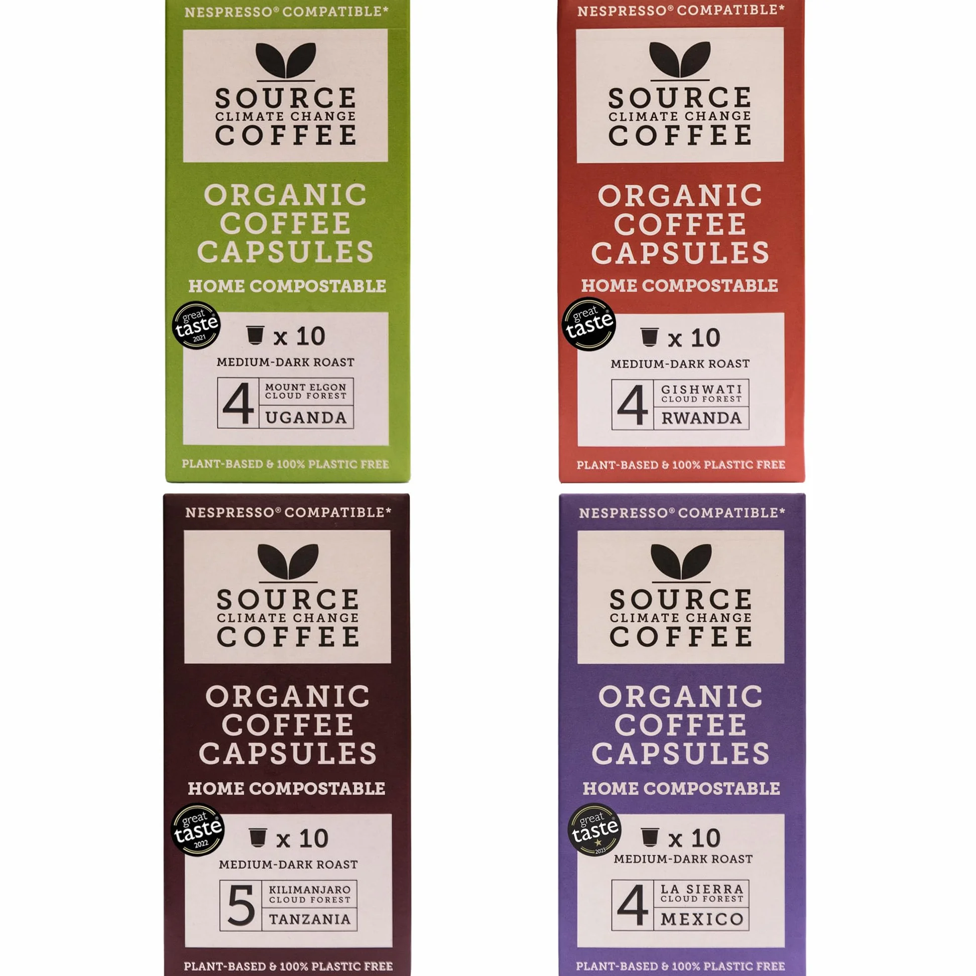 Capsules de café Bio - Compostables - Source Climate Change Coffee - Coffret Dégustation - 4 origines - 4 x paquets de 10 capsules – Idée cadeau