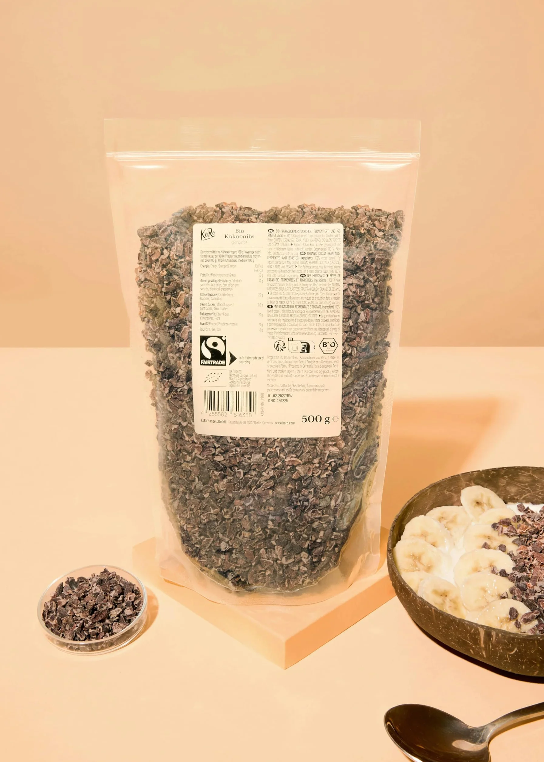 KoRo - Grués de cacao Fairtrade bio 500 g - Fèves décortiquées et torréfiées - Goût chocolaté - Riche en fibres