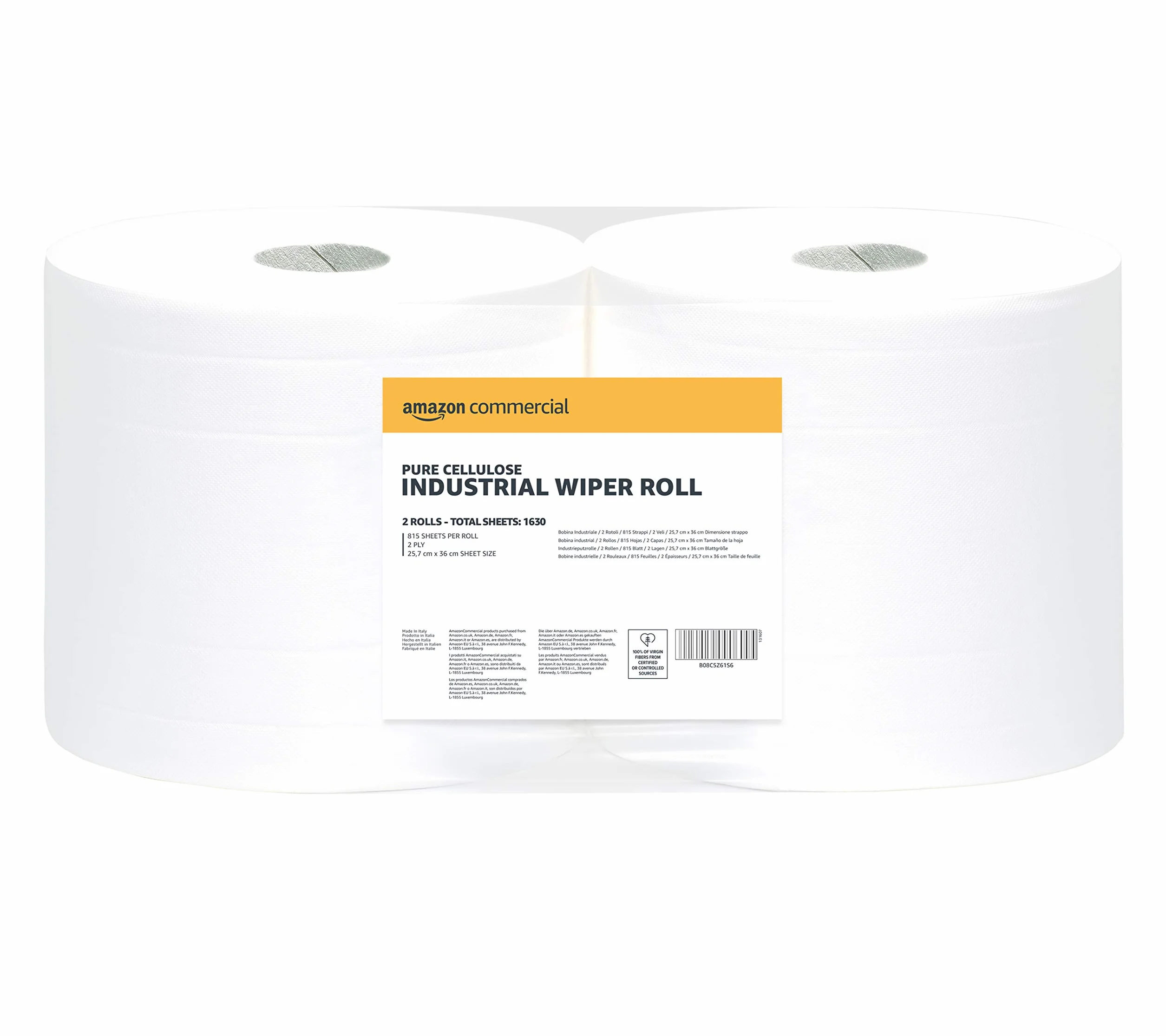 AmazonCommercial Rouleau de Papier d’Essuyage Industriel, 2 Plis en Cellulose, 2 Rouleaux (1 Paquet), 815 Feuilles par Rouleau, Dimensions des Feuilles : 25,7cm x 36cm