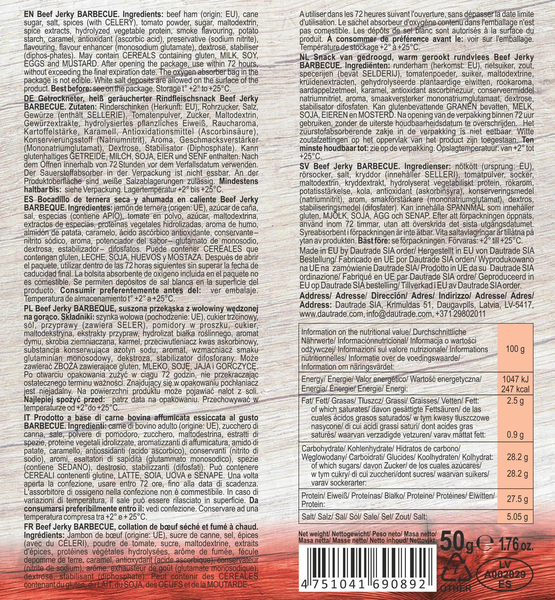 Viking Bites Beef Jerky Mixed box 400 g (8 x 50g) – 3x Barbecue, 3x Teriyaki, 2x Jalapeno - Bœuf séché - En-cas à base de viande riche en protéines