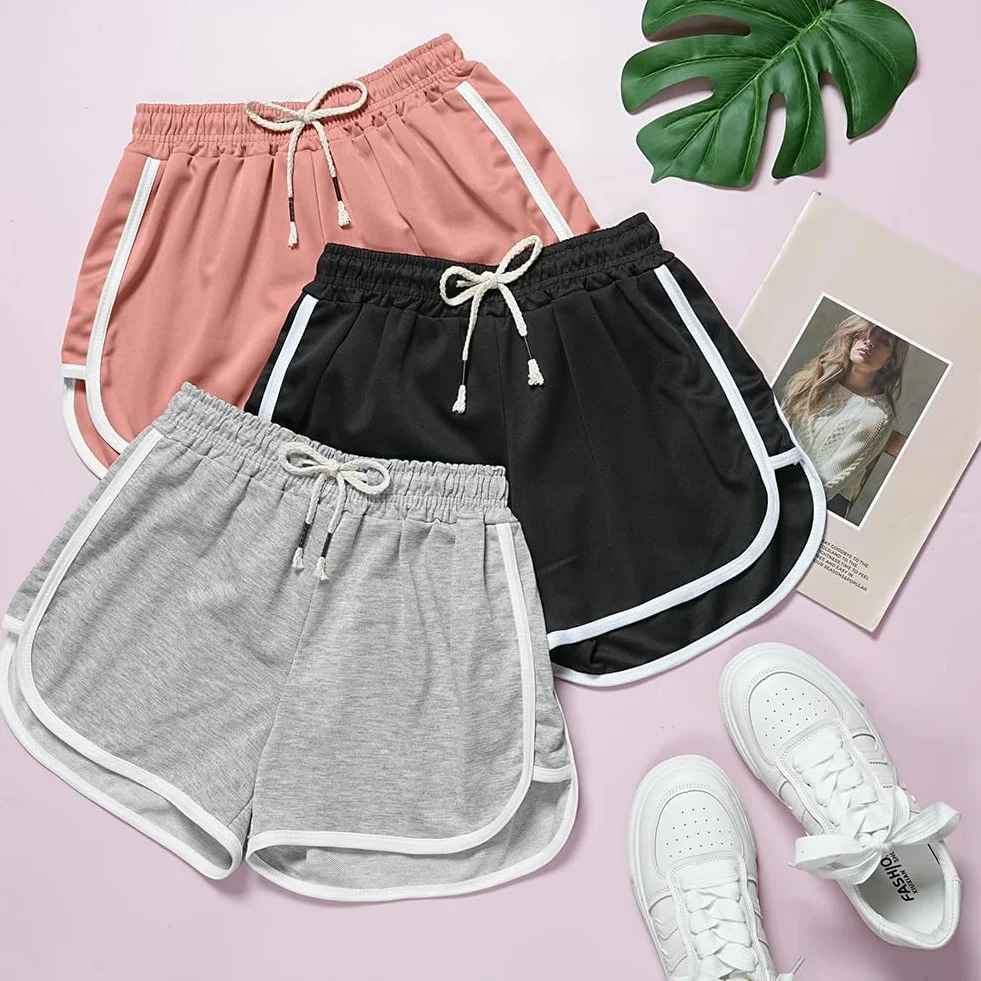 Short de Sport Fille DiULi en Coton Élastique Respirant pour Course à Pied, Taille Haute avec Cordons, 2PCS Noir + Rose