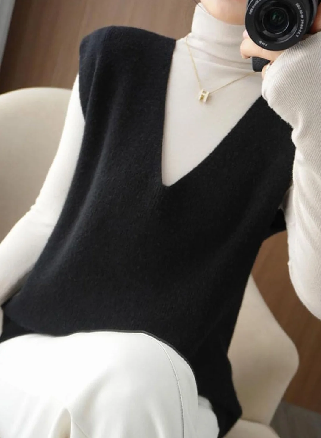 Pull sans Manches à col en V pour Femme en Cachemire tricoté Style coréen Beige L