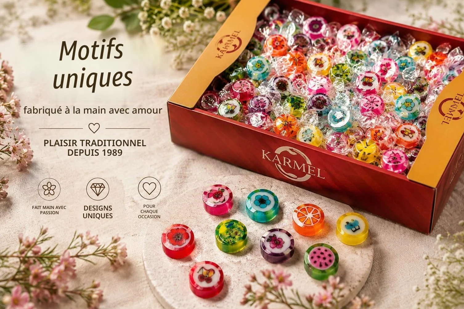 Bonbons fruités 1kg, bonbons durs aromatisés, fabriqués à la main dans des designs uniques, grande boîte de bonbons d'un petit producteur familial