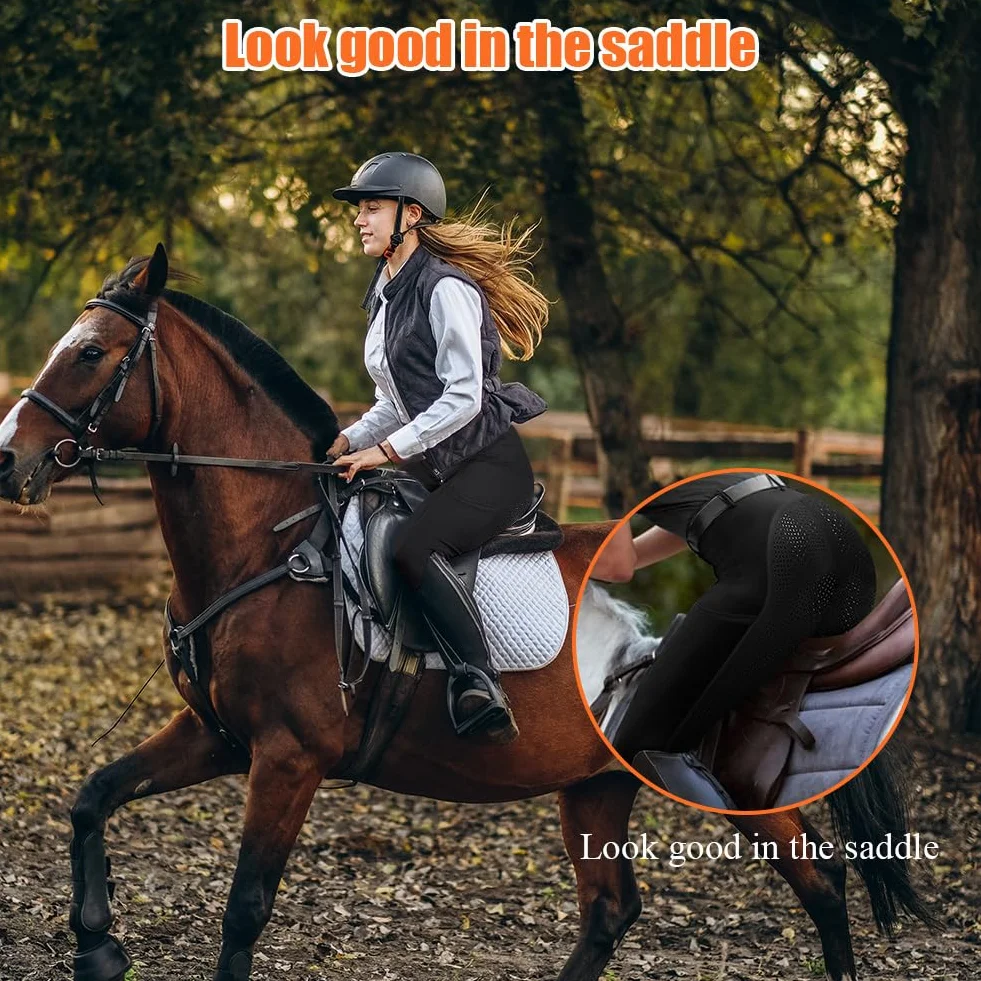 Pantalon d'Équitation Femme HOTUT, Legging à Fond Intégral Silicone Taille Haute avec Poche