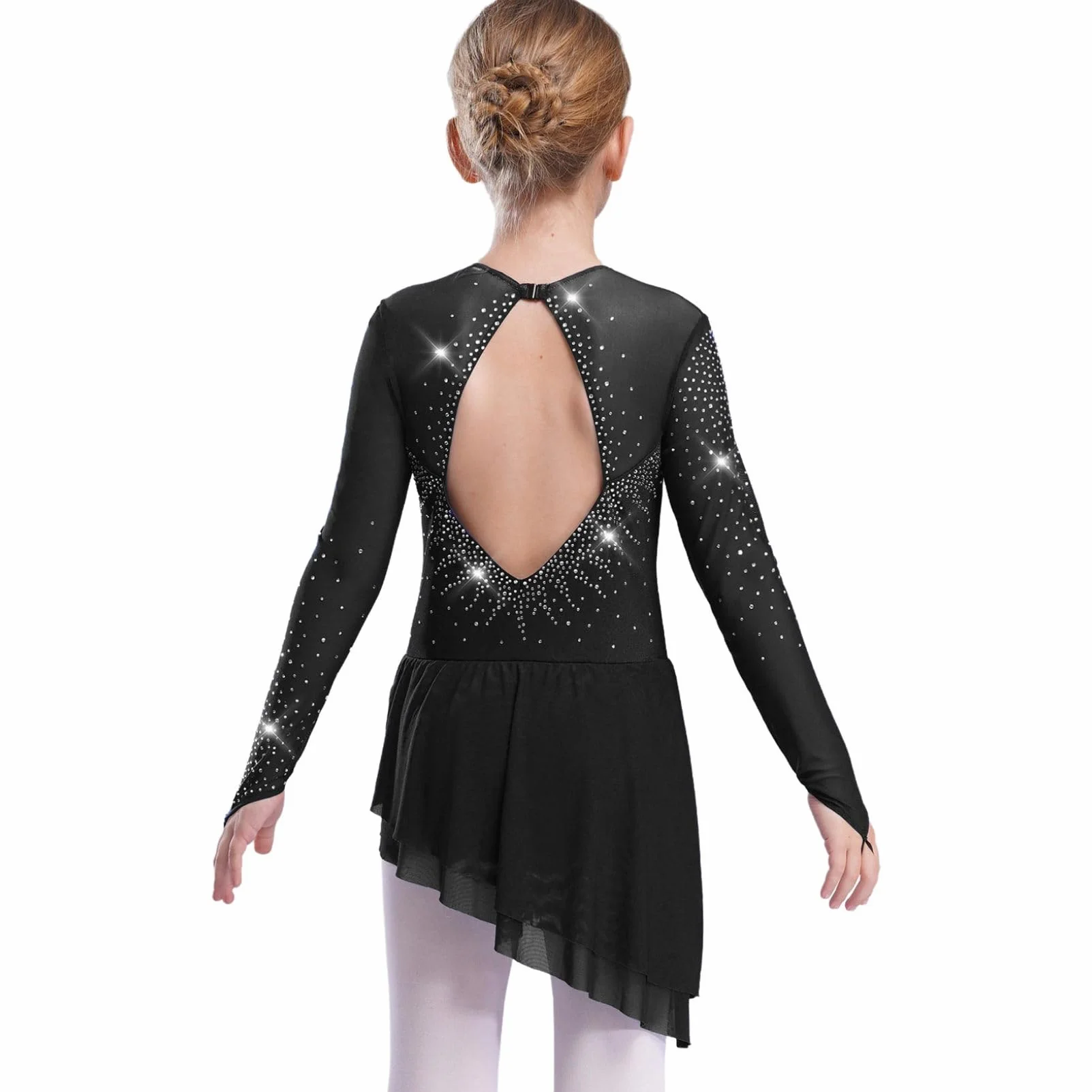 Oyolan Fille Robe Patinage Artistique Manches Longues Strass Asymétrique Danse Leotard Gymnastique