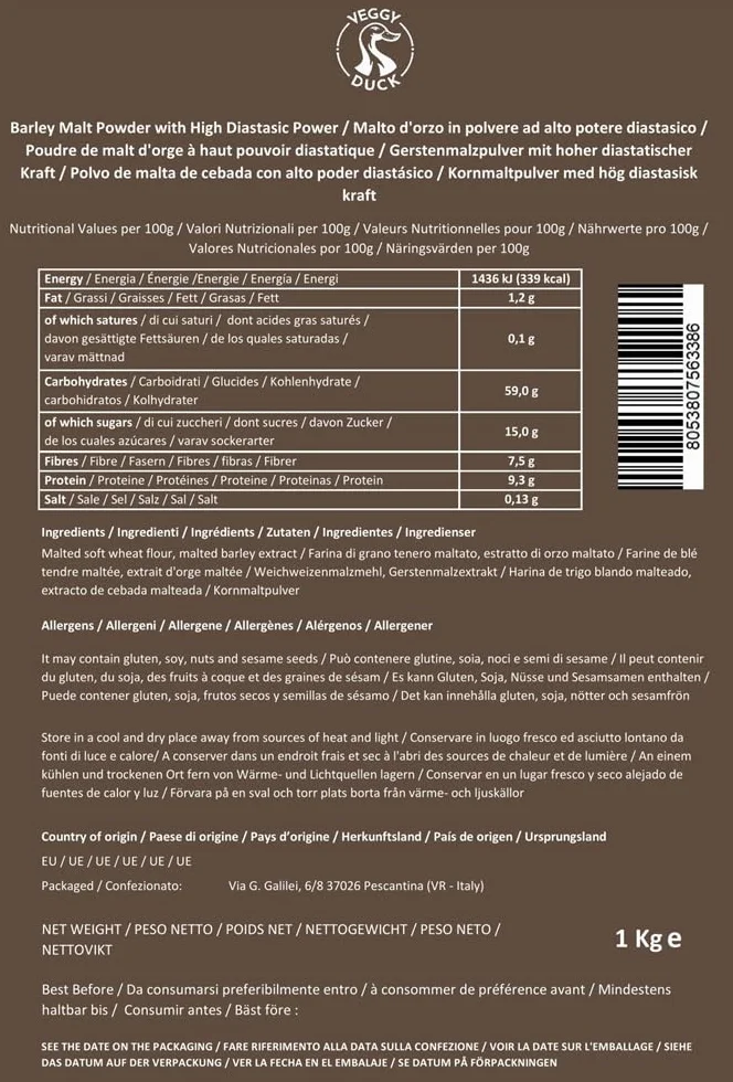 Veggy Duck - Farine de Malt Diastatique (1Kg) | Farine de Malt d'Orge à Haut Pouvoir Diastatique | Idéal pour la Fabrication du Pain | Made in Italy