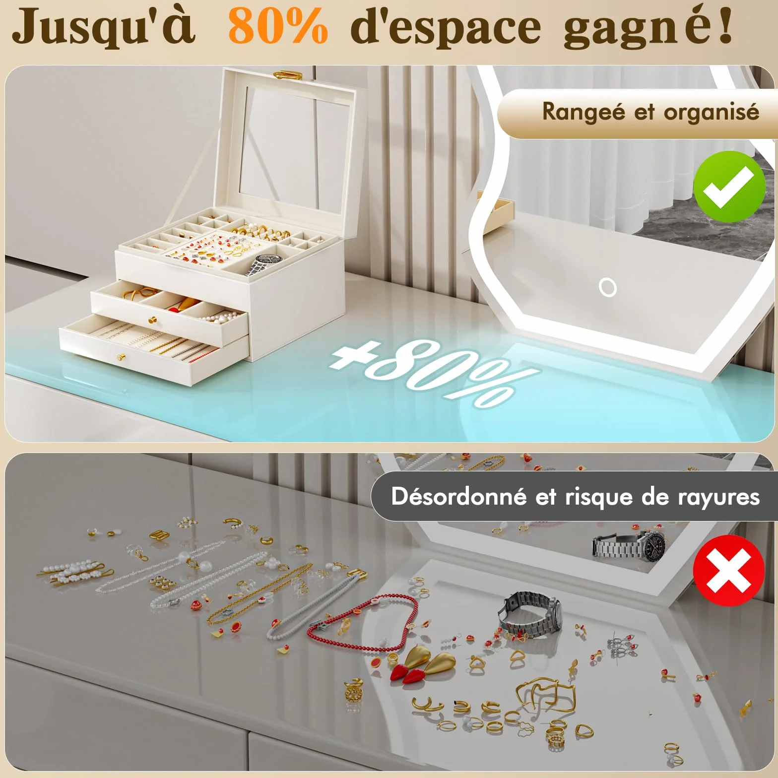 Grande Boîte à Bijoux 3 Niveaux 24 Compartiments Couvercle Transparent