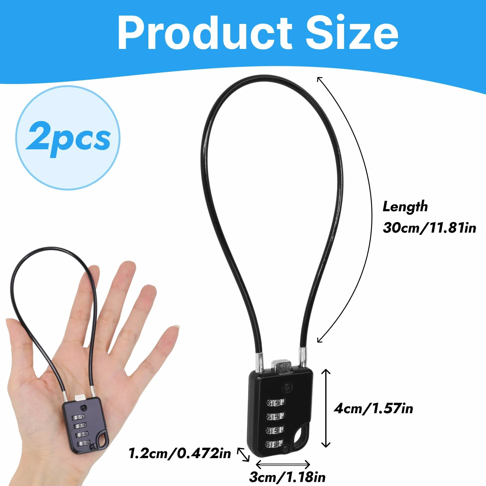 Cadenas à combinaison 4 chiffres avec câble en acier 30 cm, serrure haute sécurité 2 pièces