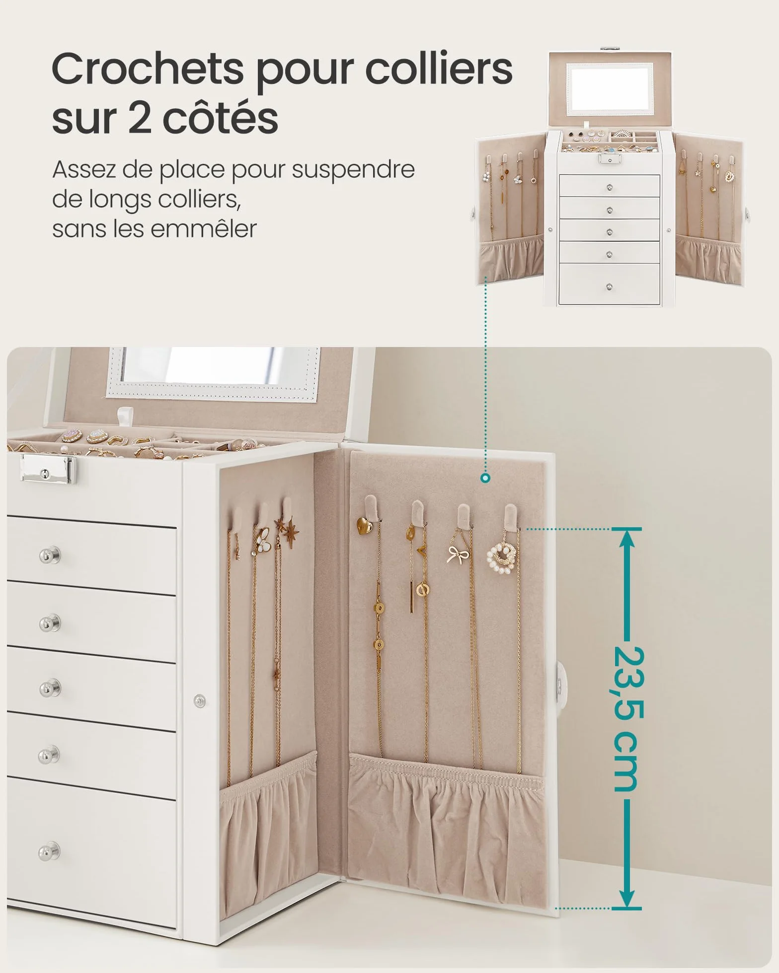 SONGMICS Boîte à Bijoux 6 Niveaux 5 Tiroirs Coffre de Rangement avec Miroir Intérieur Verrouillable Blanc Nuage JBC152W01