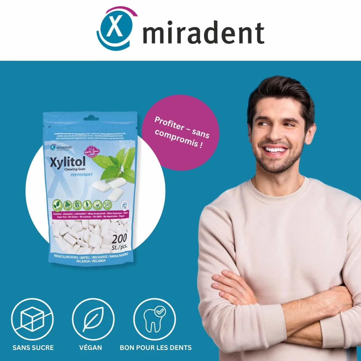 Miradent Chewing-gum dentaire au xylitol Pack économique 200 pcs goût Menthe poivrée sans sucre vegan