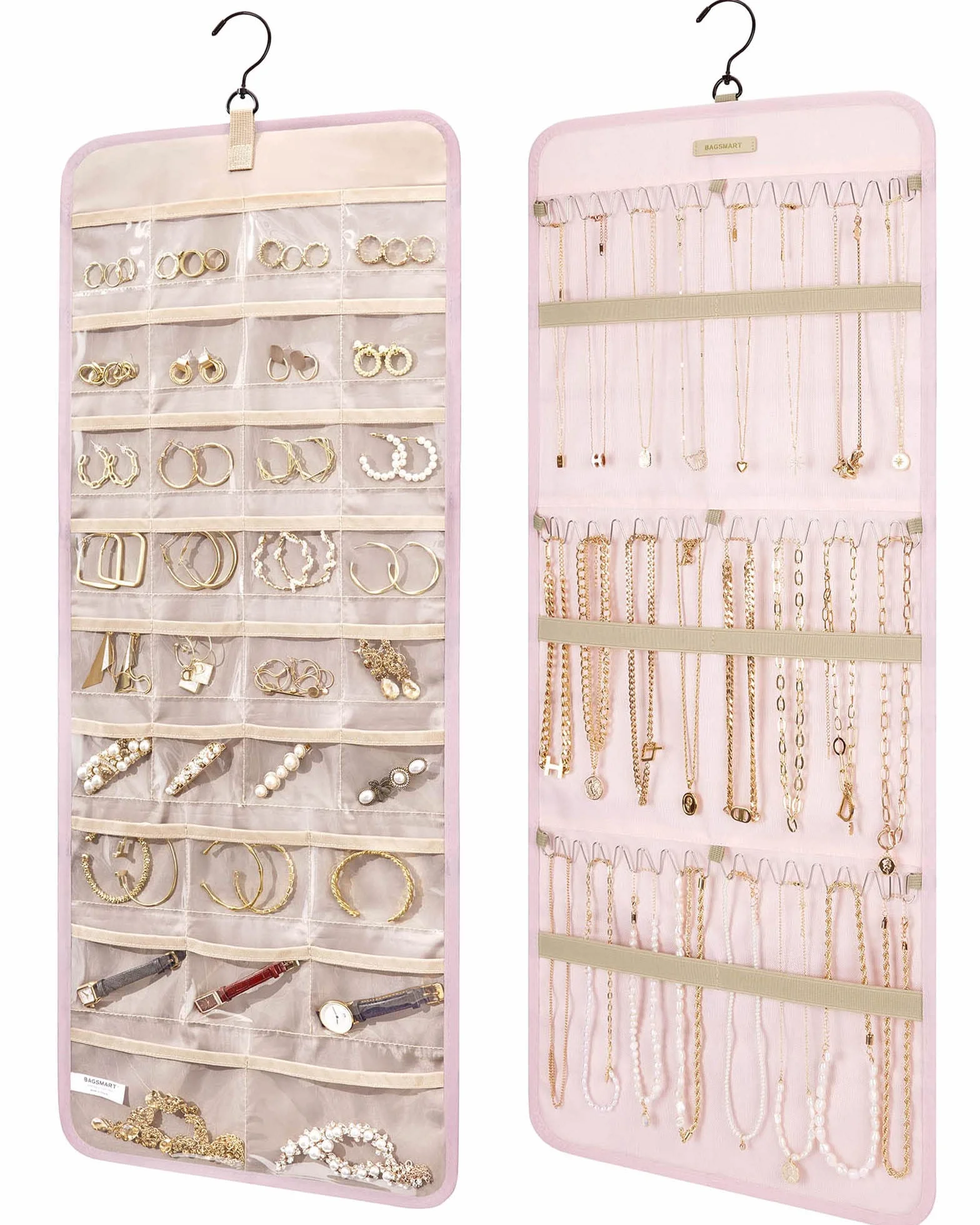 Bagsmart Organisateur de bijoux à suspendre - Rouleau de rangement double face avec crochet en métal - Grand format