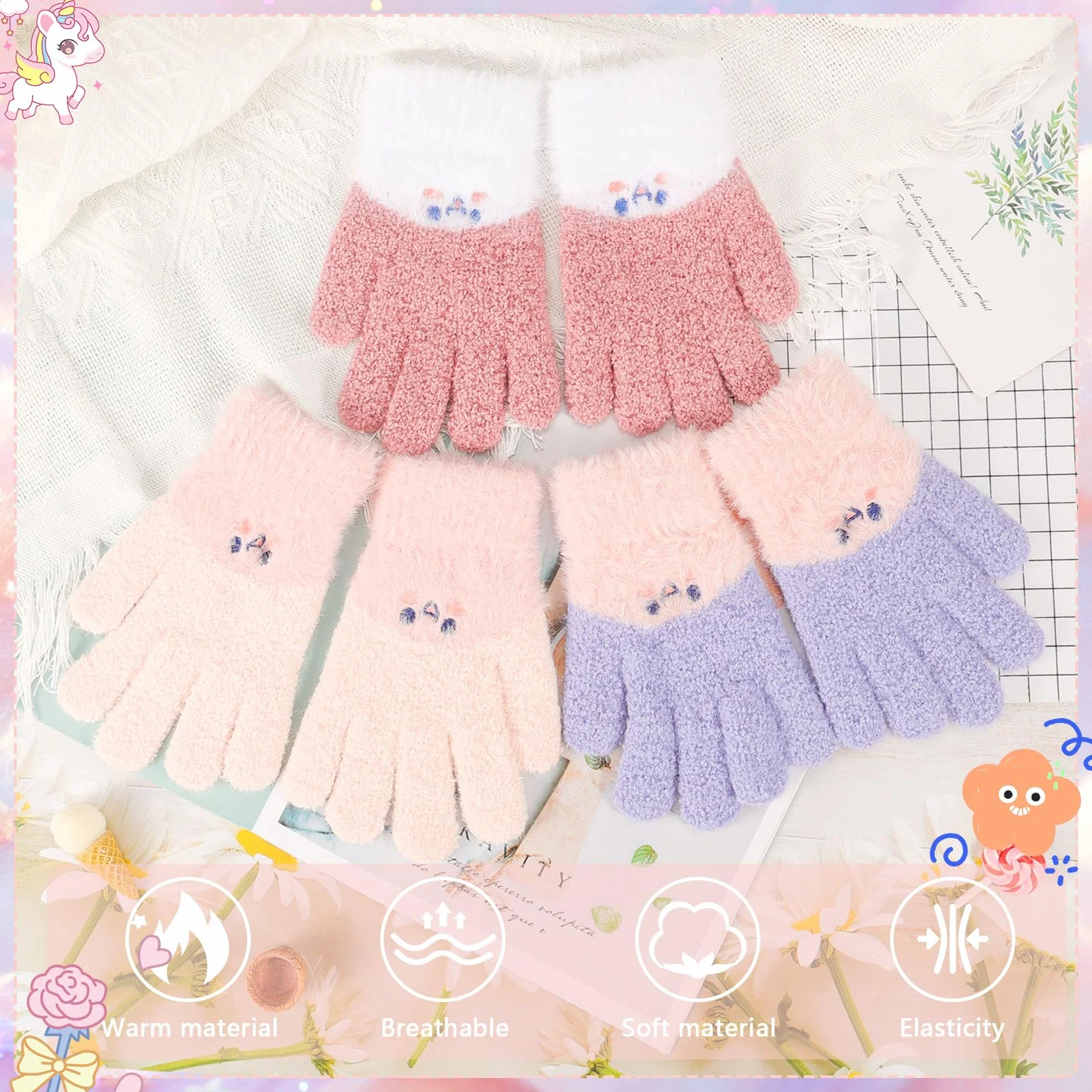 QKURT Lot de 3 paires gants magiques enfants tricotés chauds élastiques mitaines hiver 6-14 ans