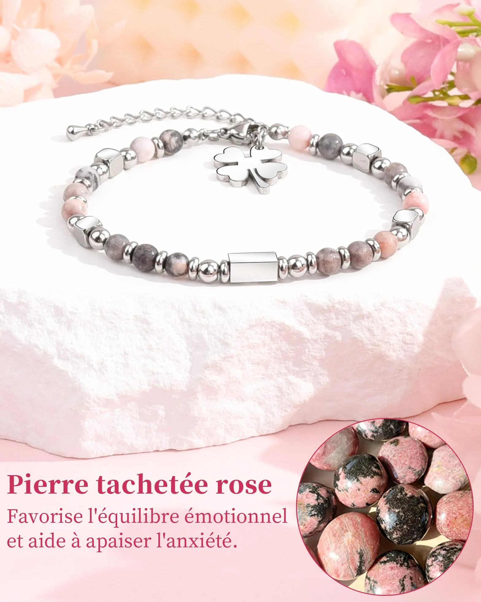 Seyaa Bracelet Pierre Naturelle Cœur Croix Trèfle 4 Feuilles Personnalisé Cadeau Anniversaire Fille