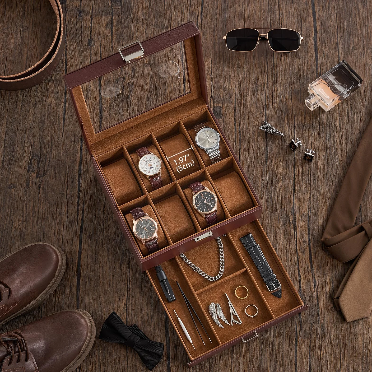 ProCase Coffret de Rangement pour Montres 2 Niveaux 8 Compartiments 1 Tiroir Couvercle Transparent Marron