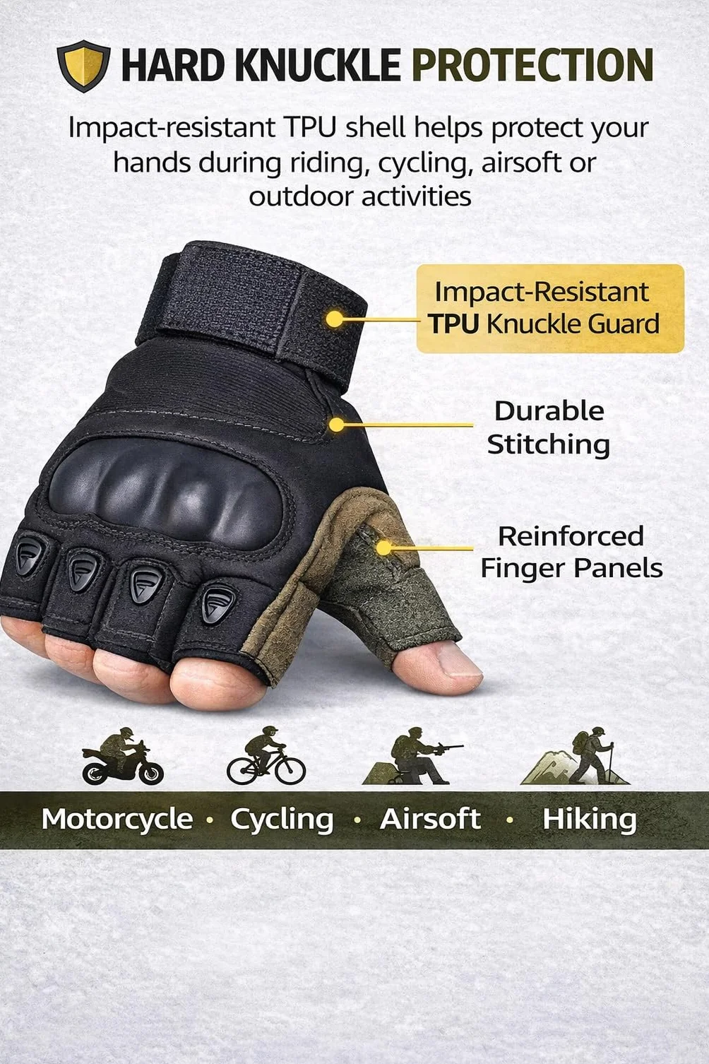 A.C.I.L. Gants de Protection sans Doigts Coque TPU Anti-Dérapants Moto Cyclisme Airsoft Randonnée