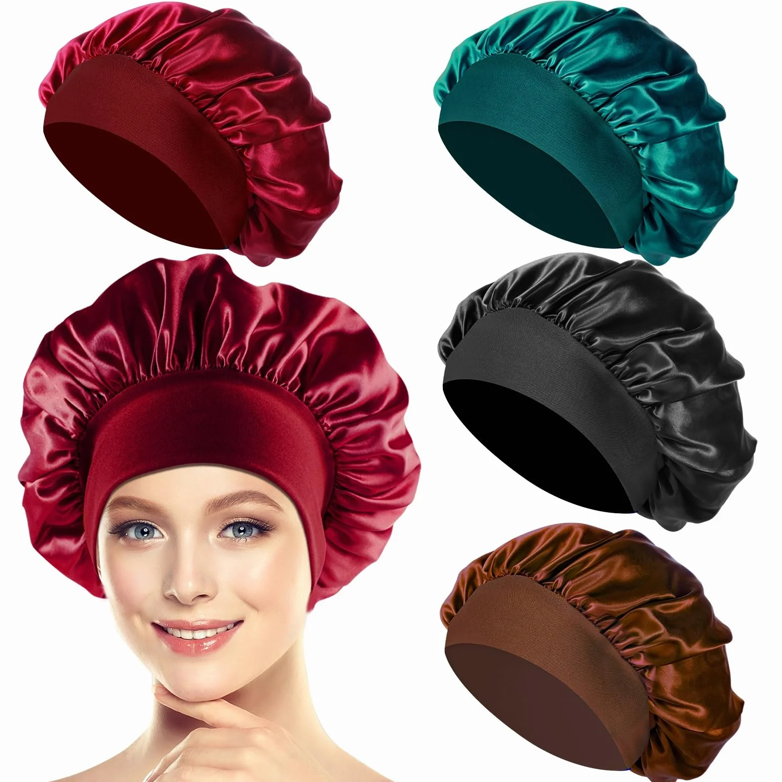 Bonnet Satin Cheveux Nuit pour Femme Élastique Soin des Cheveux 4 Pcs Noir Cyan Café Vin Rouge