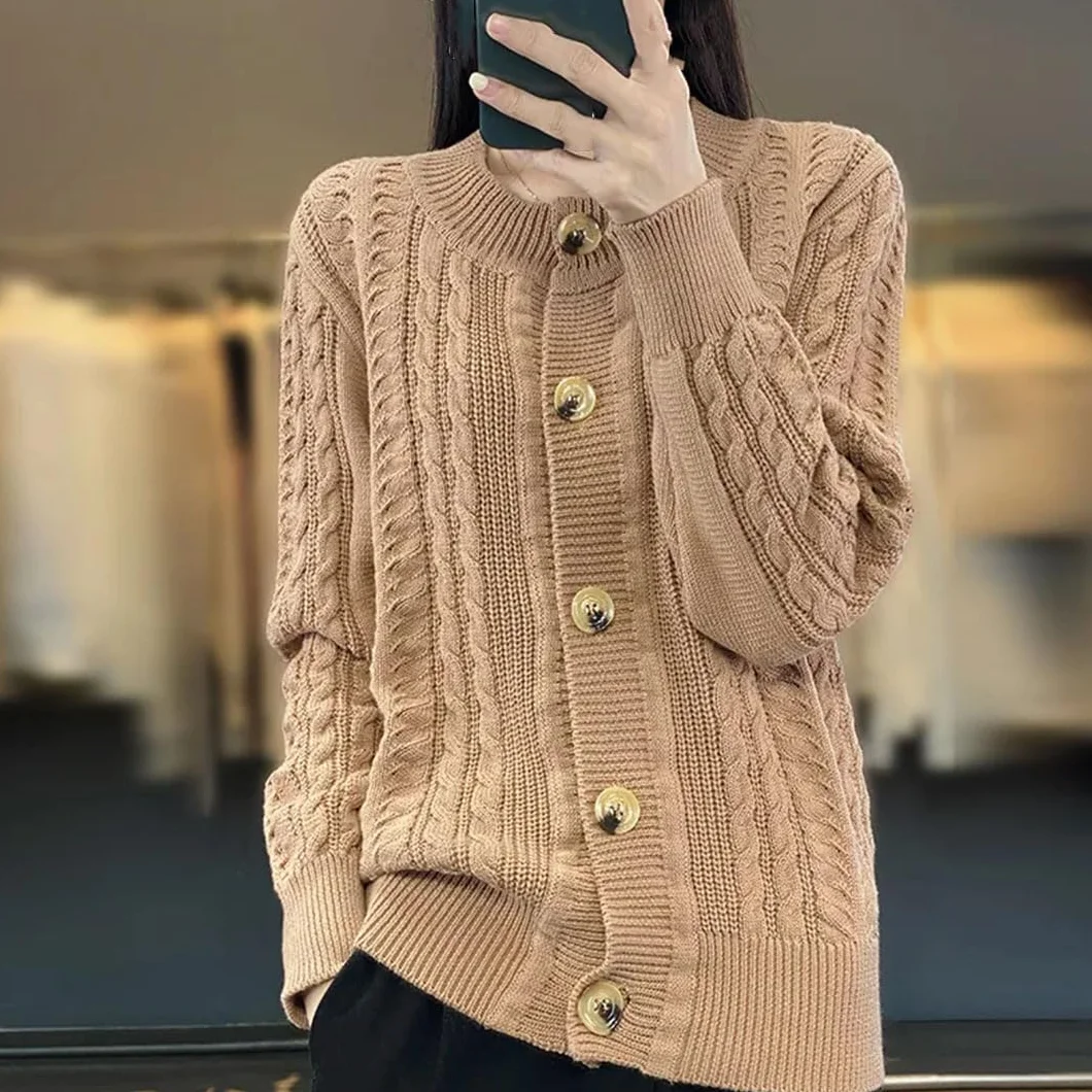 Alloaone Cardigan Ample Femmes Col Rond Manches Longues Pull Torsadé