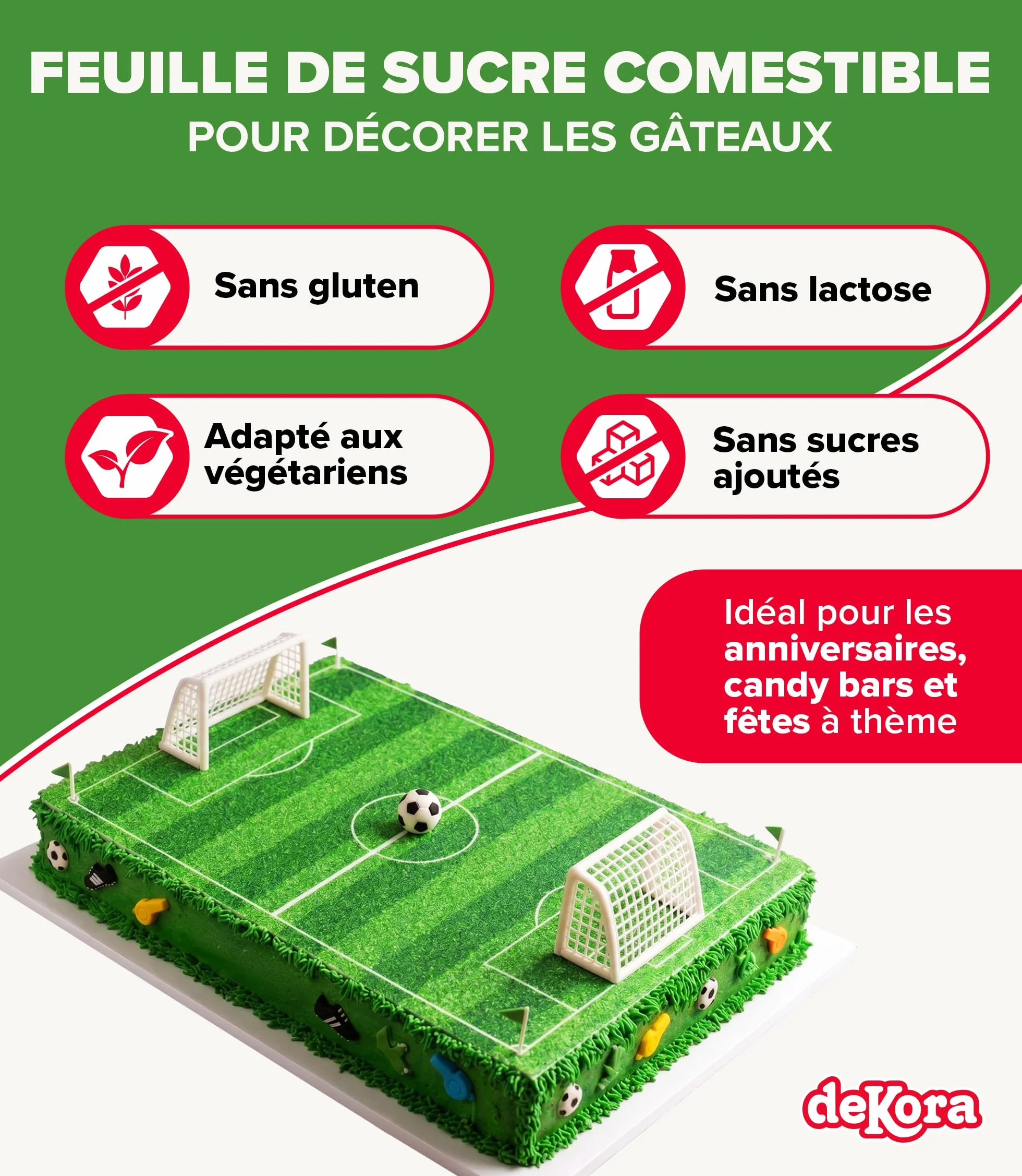 dekora - Feuille comestible football 20x27 cm – Décoration pour gâteaux d’anniversaire d’enfants, Sans Gluten, Sans Lactose, Idéale pour fêtes et événements footballistiques