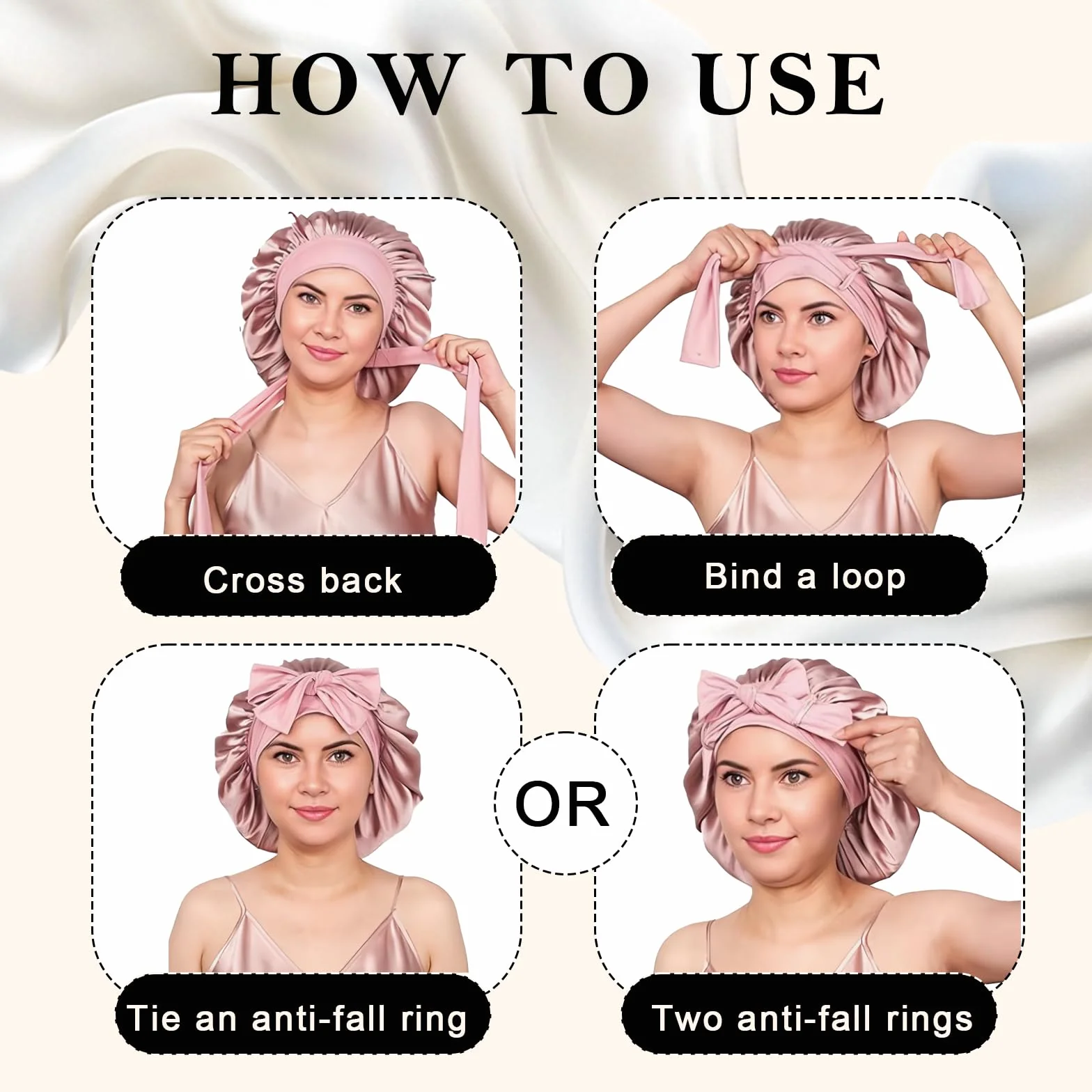 Bonnet Satin Cheveux Nuit, Bonnet de Nuit en Soie Doux et Réglable, 2 Pièces