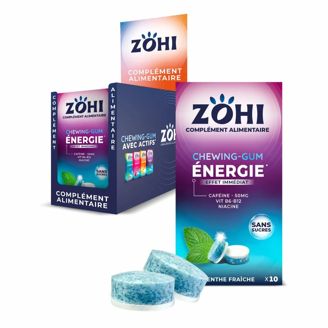 ZOHI Chewing-gum sans sucres avec actifs - Boost Energie - Goût menthe fraîche - Complément alimentaire avec édulcorants - Boîte de 12 plaquettes de 10 chewing-gums