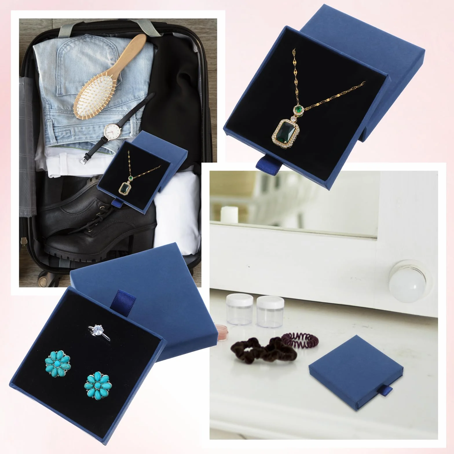 Lot de 2 boîtes à bijoux en papier épais extensibles pour bracelets colliers boucles d'oreilles bagues (bleu)