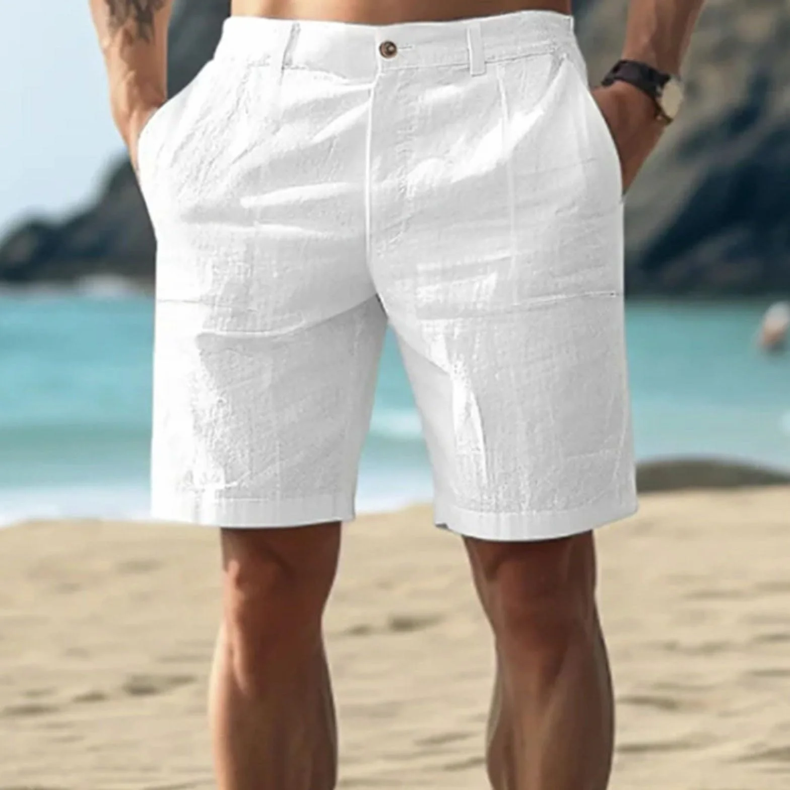 Bermuda Homme Lin Short Pantalon Court Cordon Chino Taille Elastique Leger Plage Poche